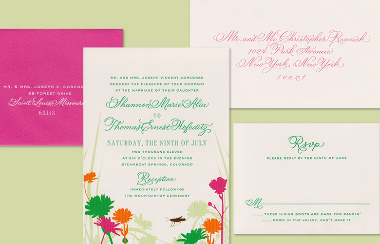So playful and colorful! This suite by Cheree Berry Paper combines calligraphy and type beautifully. The calligraphy style is Flourished Copperplate. I love addressing envelopes in bright colored inks.