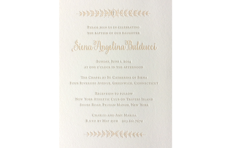 Sweet, simple and elegant for  Siena’s baptism invitation. Printed letterpress on thick handmade paper. With matching envelopes.