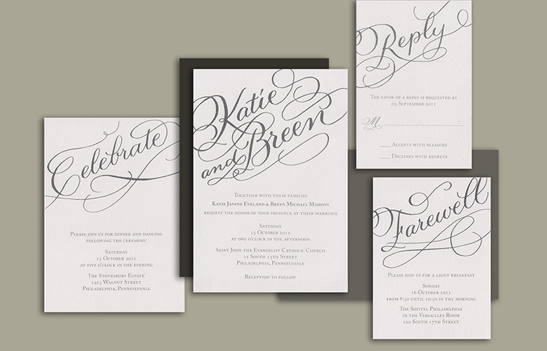 Katie and Breen’s bold calligraphy diagonally placed on each piece of their suite is so striking and sets a design theme for the rest of the wedding.  Heavy gray vellum enclosed the suite and was then banded around the middle.