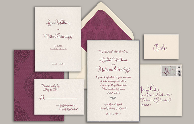 This wedding suite features heavy duplexed stock, letterpress printing, beveling, edge painting, and custom stamps. My “Winston” style of calligraphy was used throughout the stationery and the reception.